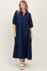 Navy Textured Tiered Puff Sleeve Maternity Midi Dress