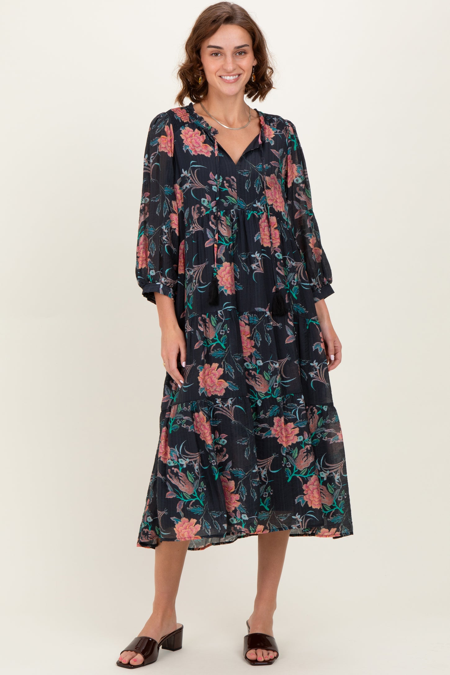 Black Floral Front Tie Tiered Maternity Midi Dress