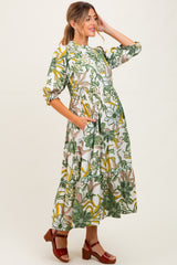 Green Floral Tiered Short Sleeve Maternity Midi Dress