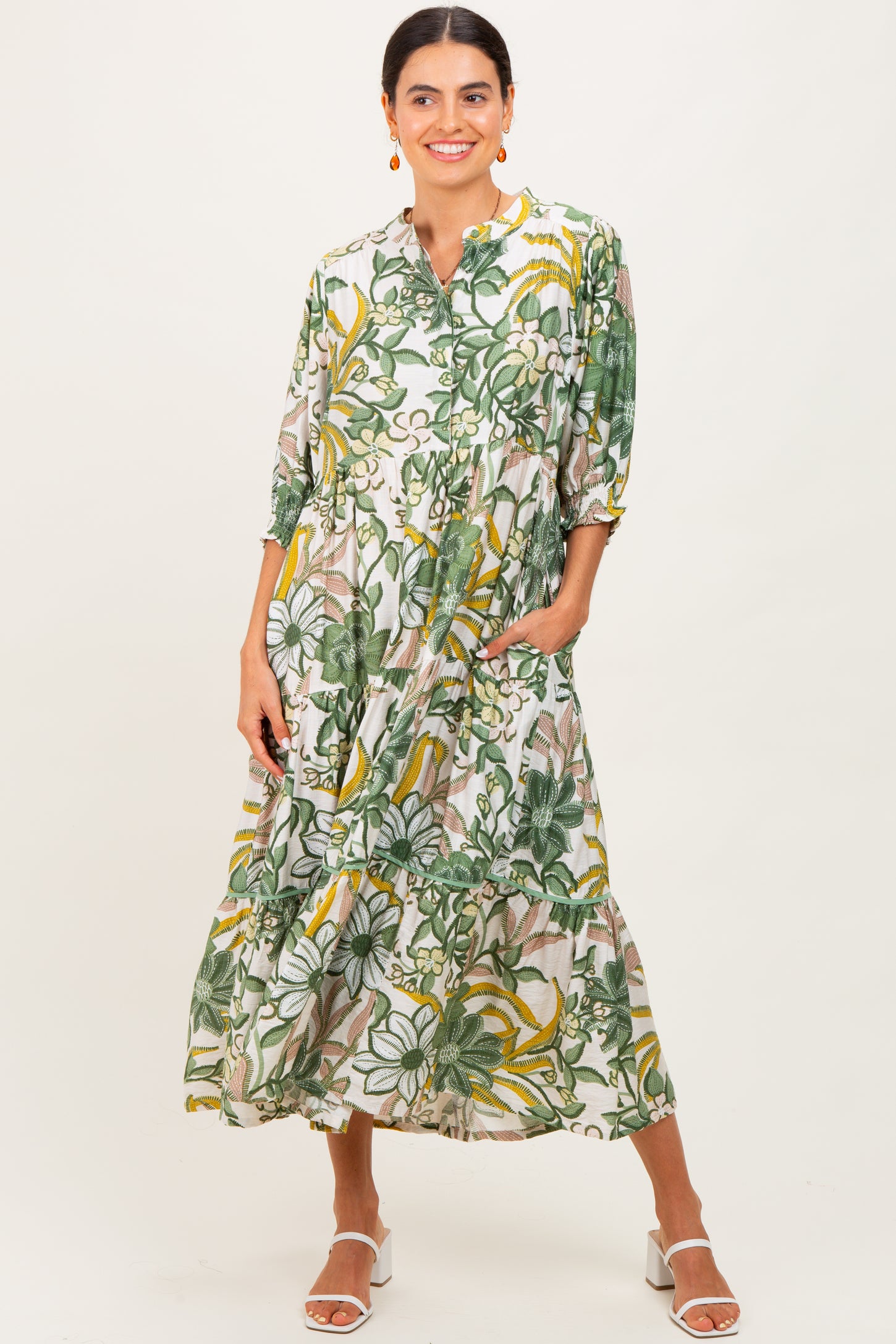 Green Floral Tiered Short Sleeve Maternity Midi Dress