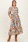 Beige Floral Tiered Short Sleeve Midi Dress