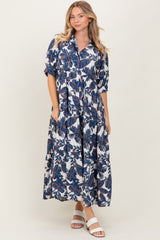 Navy Leaf Print Tiered Midi Dress