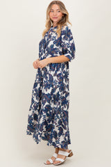 Navy Leaf Print Tiered Midi Dress