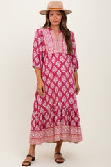Pink Floral Contrast Print 3/4 Sleeve Maternity Midi Dress