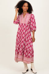 Pink Floral Contrast Print 3/4 Sleeve Midi Dress