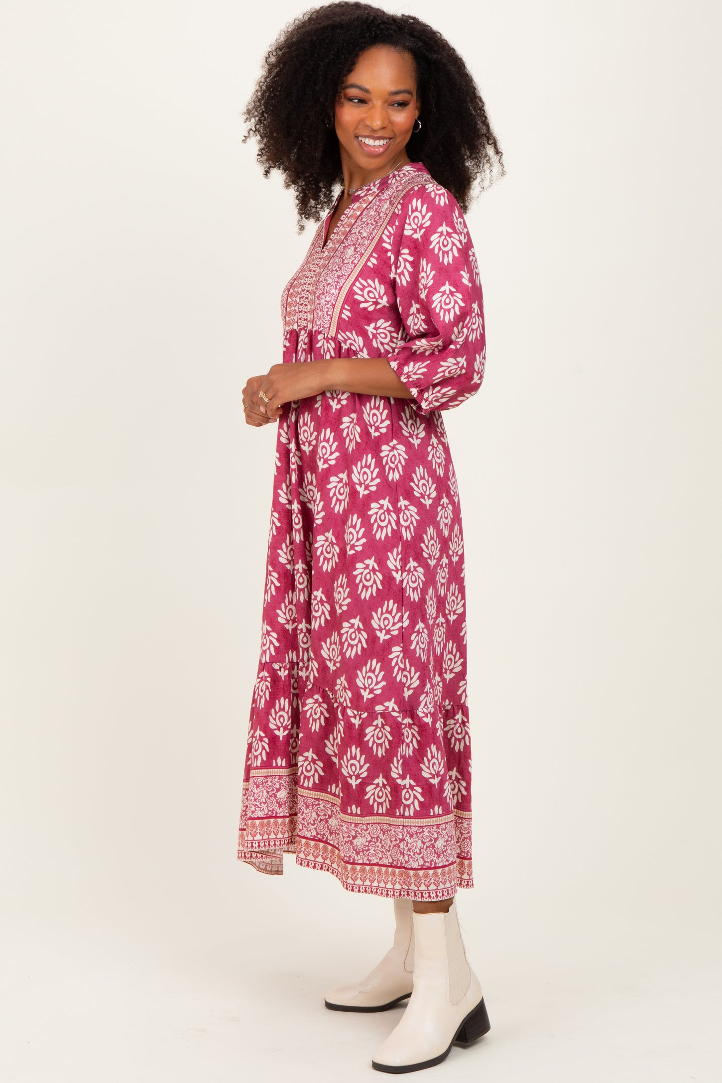 Pink Floral Contrast Print 3/4 Sleeve Midi Dress