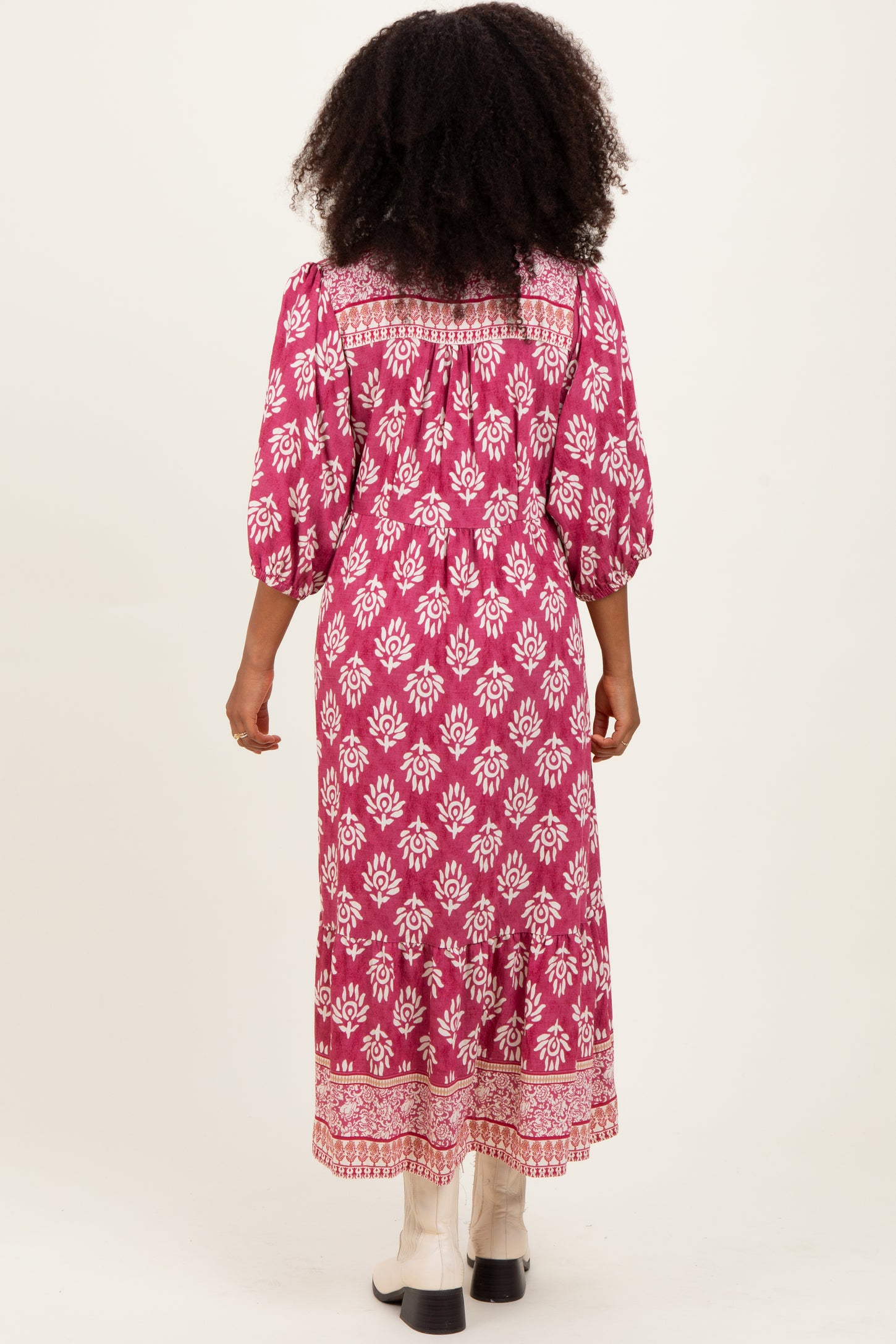 Pink Floral Contrast Print 3/4 Sleeve Midi Dress