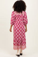 Pink Floral Contrast Print 3/4 Sleeve Midi Dress