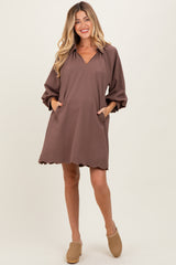 Brown Textured Collared 3/4 Puff Sleeve Maternity Dress