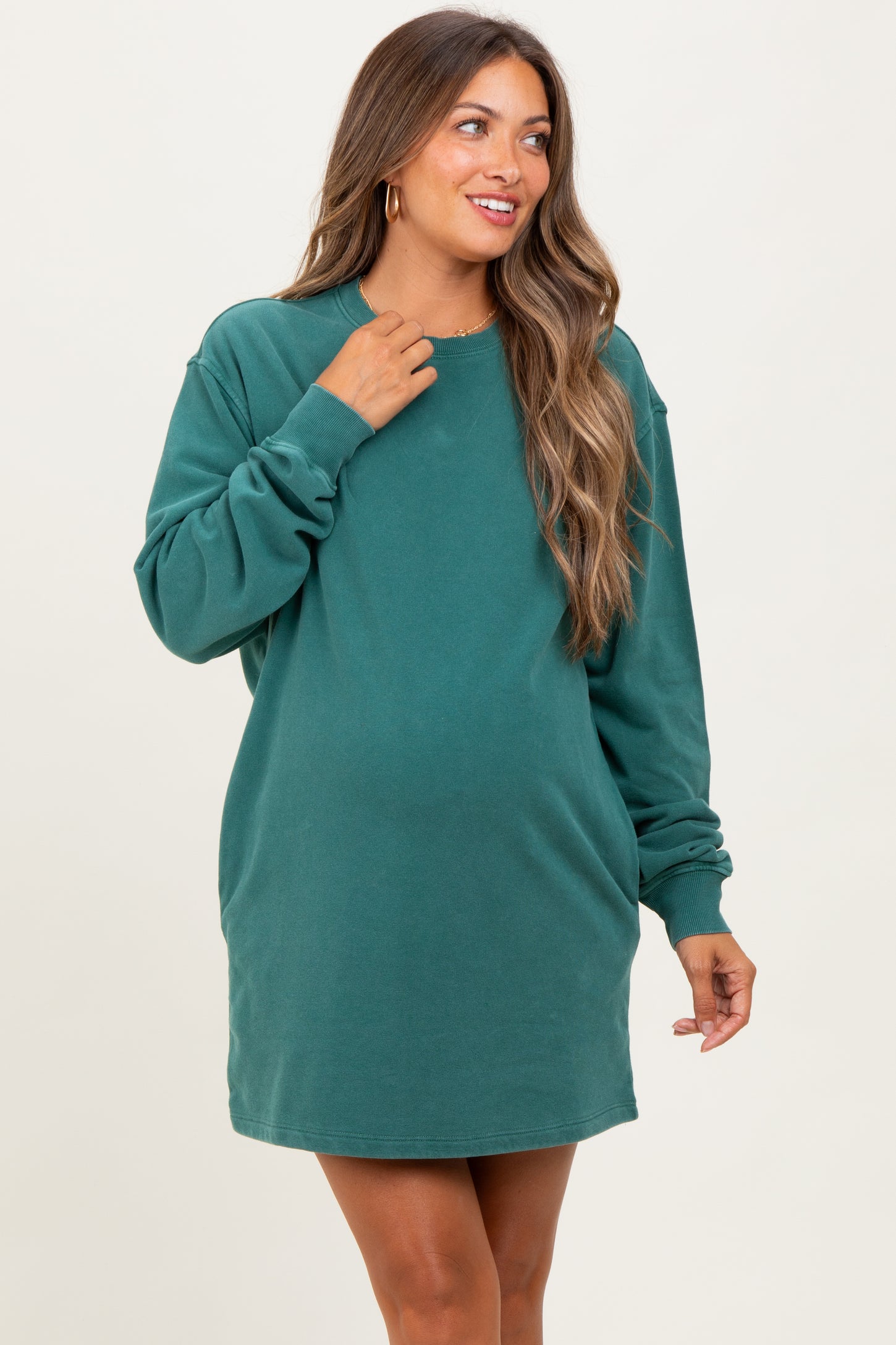 Forest Green Mint Mineral Wash Oversized Maternity Sweatshirt Mini Dress