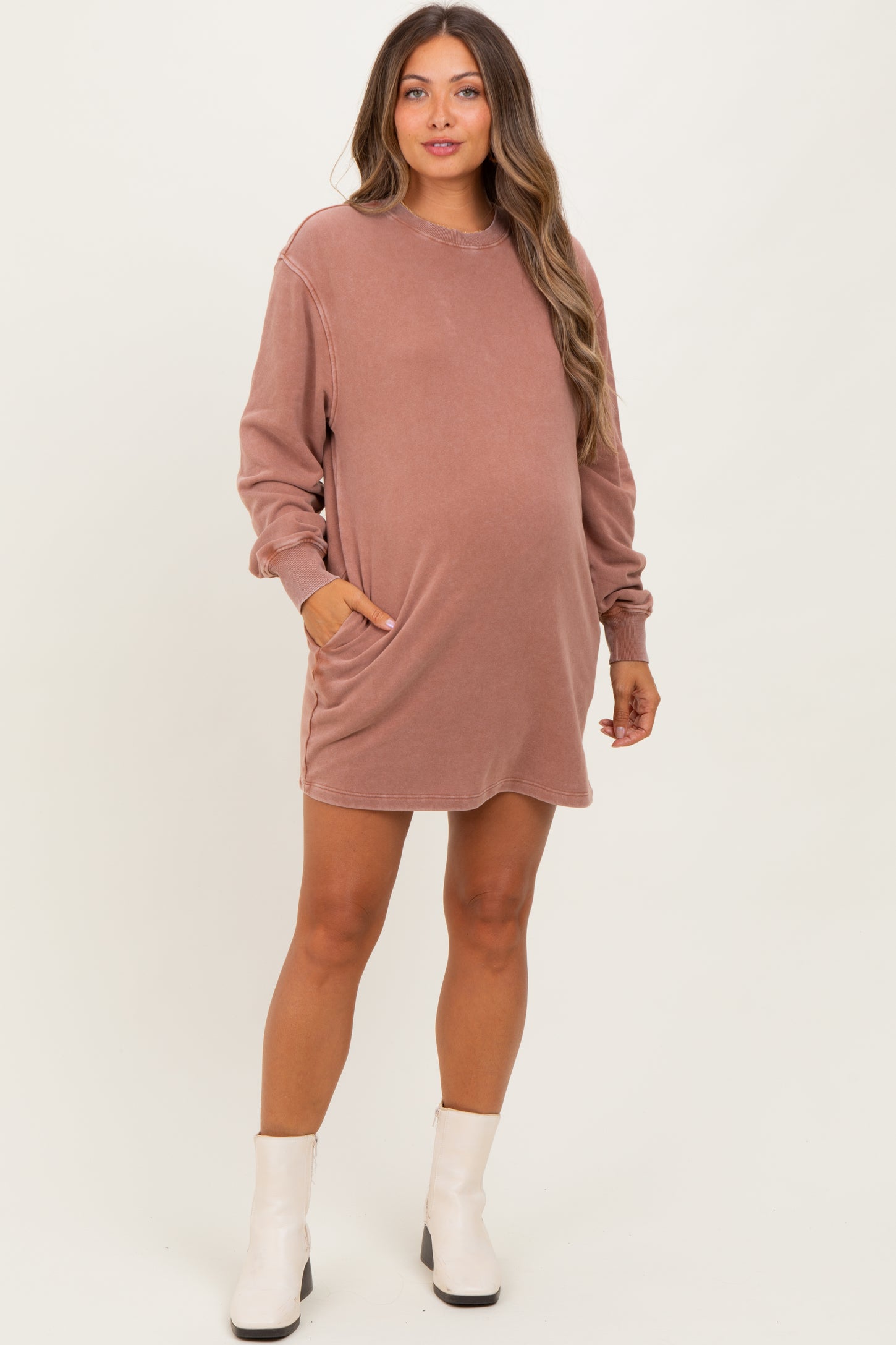 Light Taupe Mineral Wash Oversized Maternity Sweatshirt Mini Dress