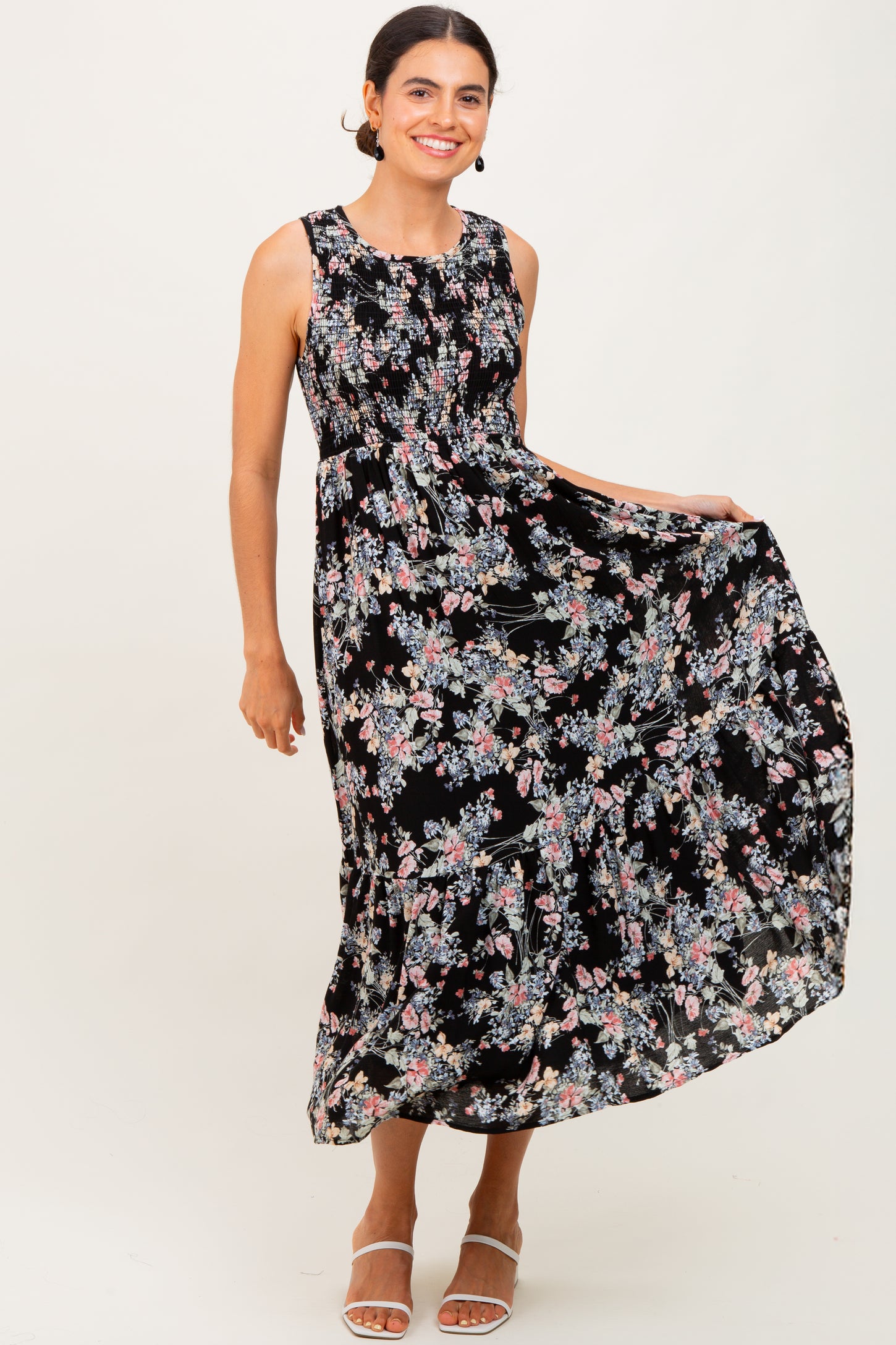 Black Floral Print Smocked Top Sleeveless Tiered Maxi Dress
