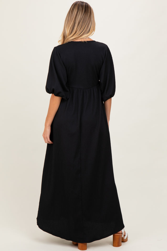 Black Solid Woven 3/4 Sleeve V-Neck Button Down Maternity Maxi Dress