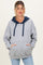 woman wearing a gray maternity hoodie with a navy blue hood and front pockets