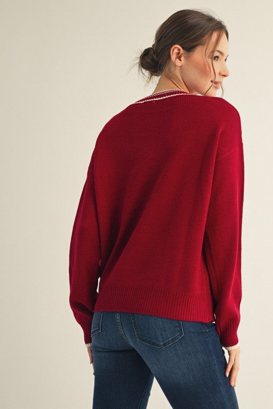 Burgundy Contrast Detail V-Neck Sweater