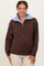 woman wearing a brown maternity pullover sweater with a light blue collar and zipper detail