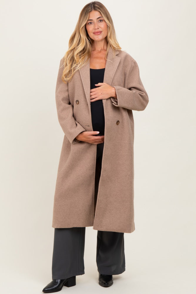 Beige Felted Double Breasted Lapel Duster Maternity Coat