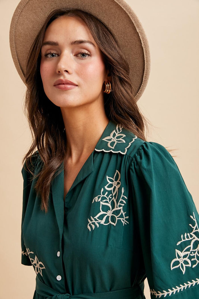 Emerald Embroidered Button Down Maxi Dress