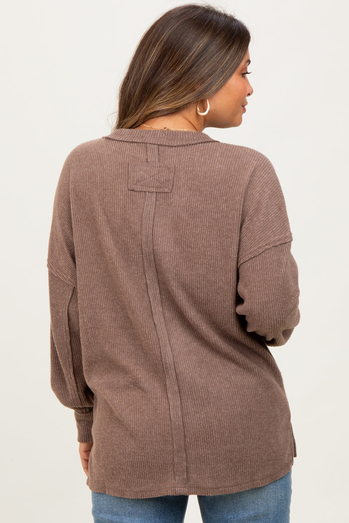 Mocha Brushed Ribbed Knit Maternity Pullover