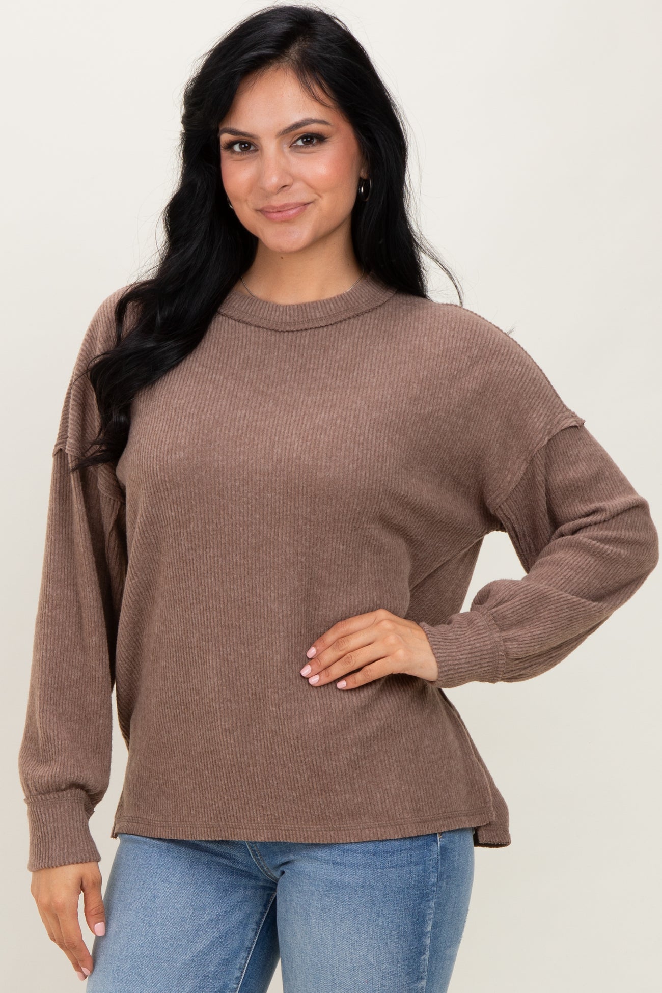 Mocha Brushed Ribbed Knit Maternity Pullover