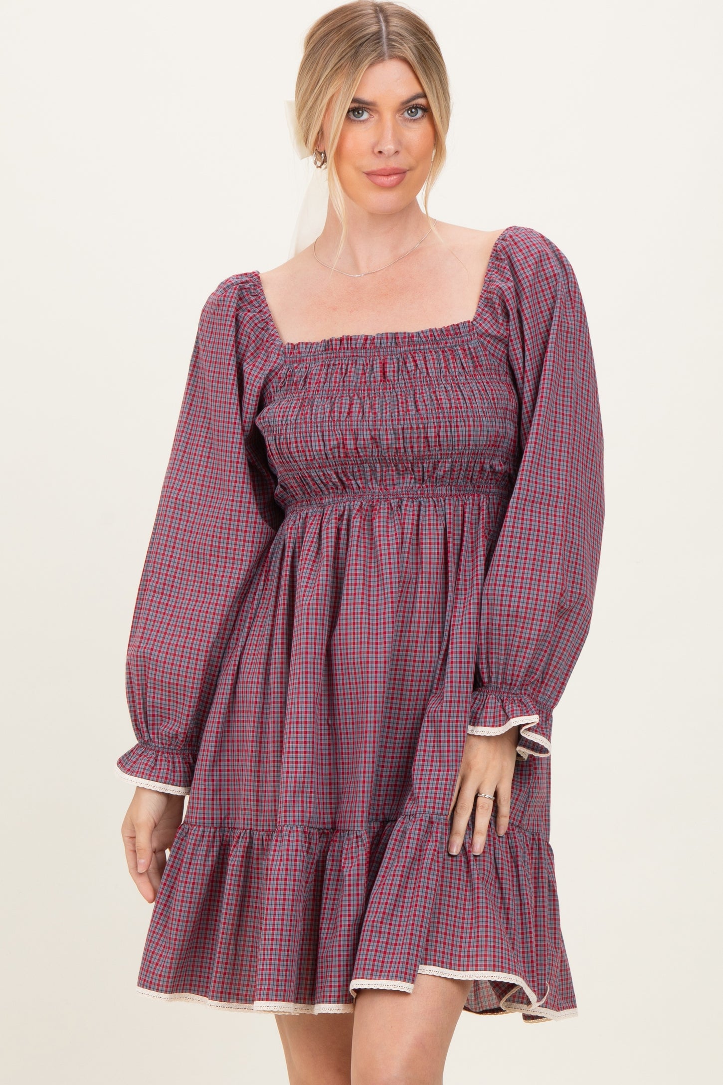 Cranberry Vintage Checked Plaid Square-Neck Dress