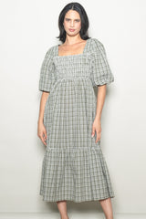 Sage Plaid  Bubble Sleeve Dress