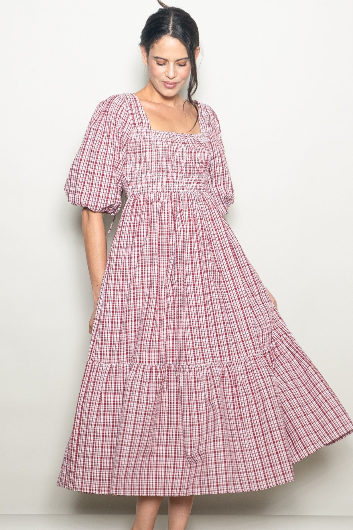 Red Plaid  Bubble Sleeve Dress