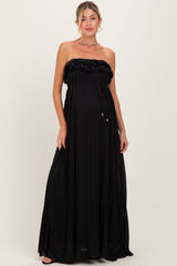 Black Ruffled Chest Pleated Maternity Maxi Dress With Self Tie