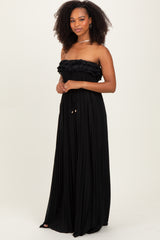 Black Ruffled Chest Pleated Maxi Dress With Self Tie