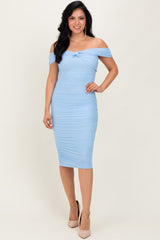 Light Blue Mesh Off Shoulder Twist Front Midi Dress