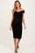 woman wearing a black off-the-shoulder maternity dress with ruching and a visible baby bump