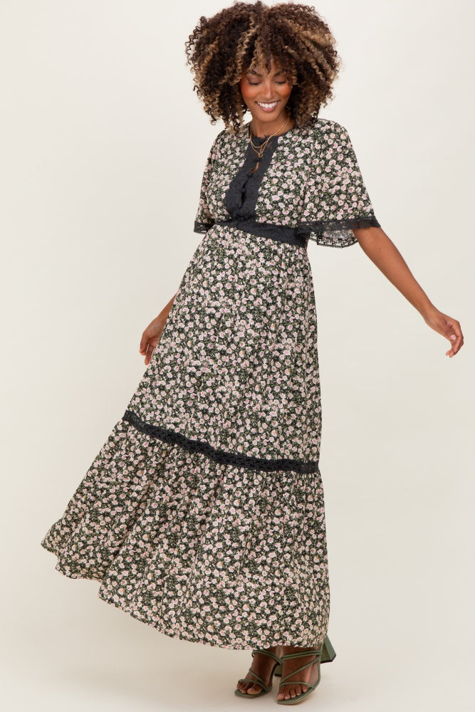 Black Rose Floral Lace Inset Button Up Maternity Maxi Dress