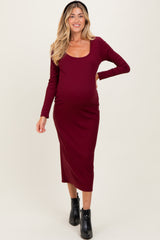 Burgundy Scoop Neck Long Sleeve Maternity Midi Dress