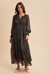 Black Printed Smocked Waist Tiered Maxi Dress