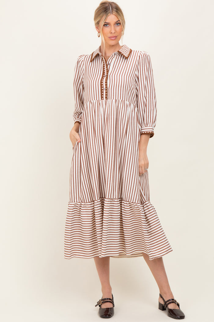 Mocha Striped Scallop Trim 3/4 Sleeve Midi Dress
