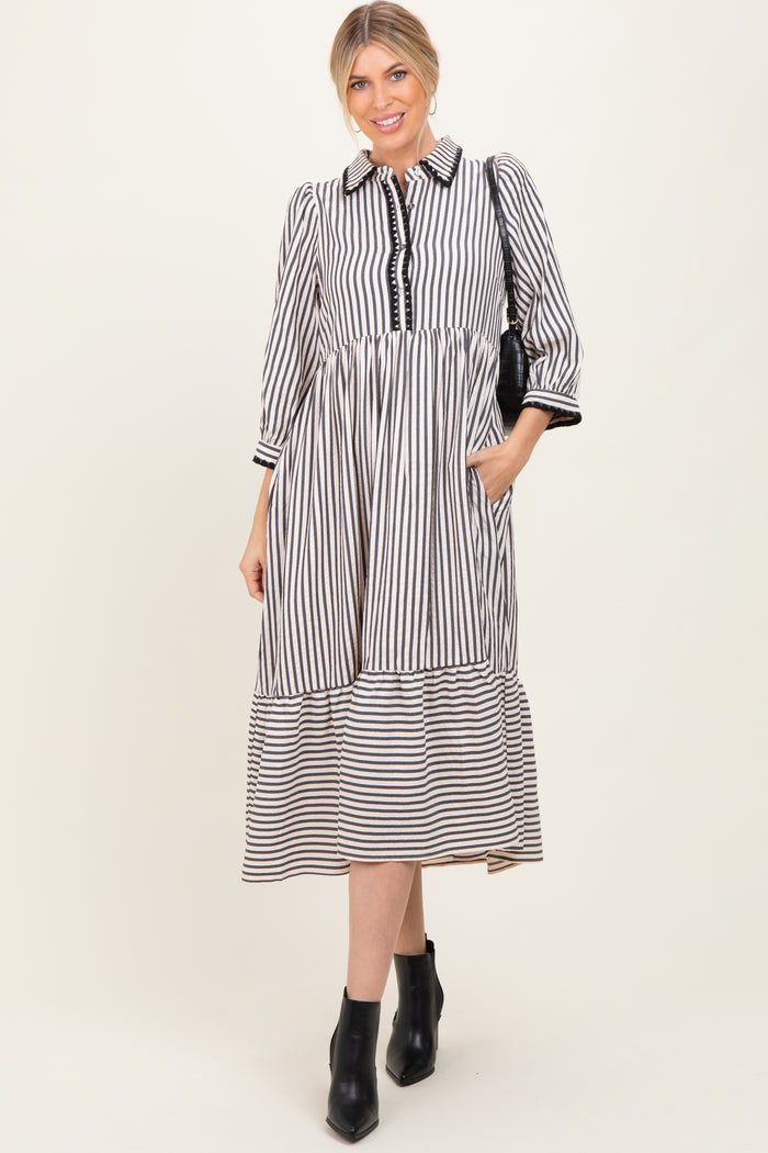 Black Striped Scallop Trim 3/4 Sleeve Midi Dress