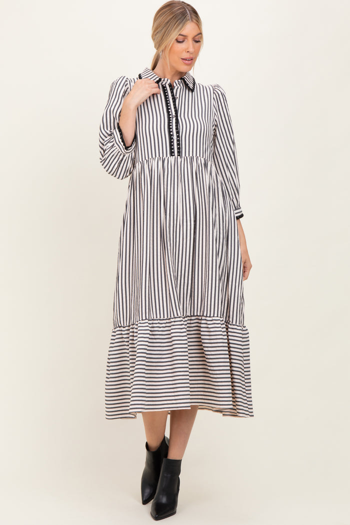 Black Striped Scallop Trim 3/4 Sleeve Midi Dress
