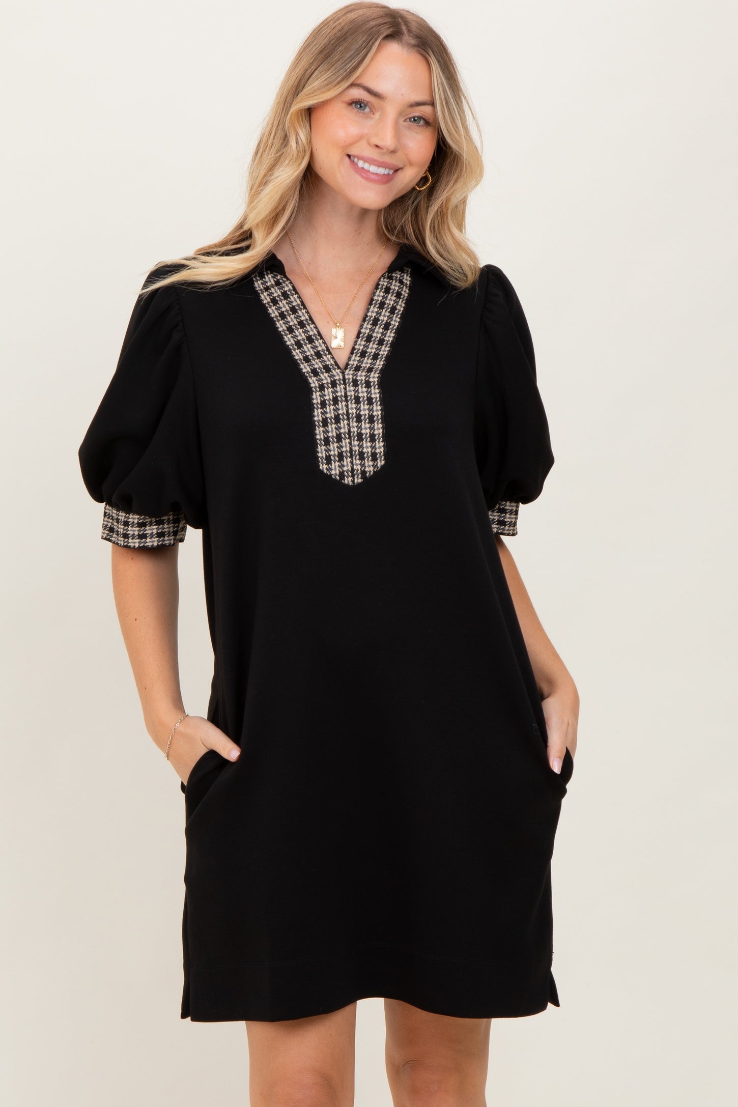 Black Plaid Accent Puff Sleeve Mini Dress