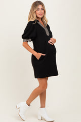 Black Plaid Accent Puff Sleeve Maternity Mini Dress