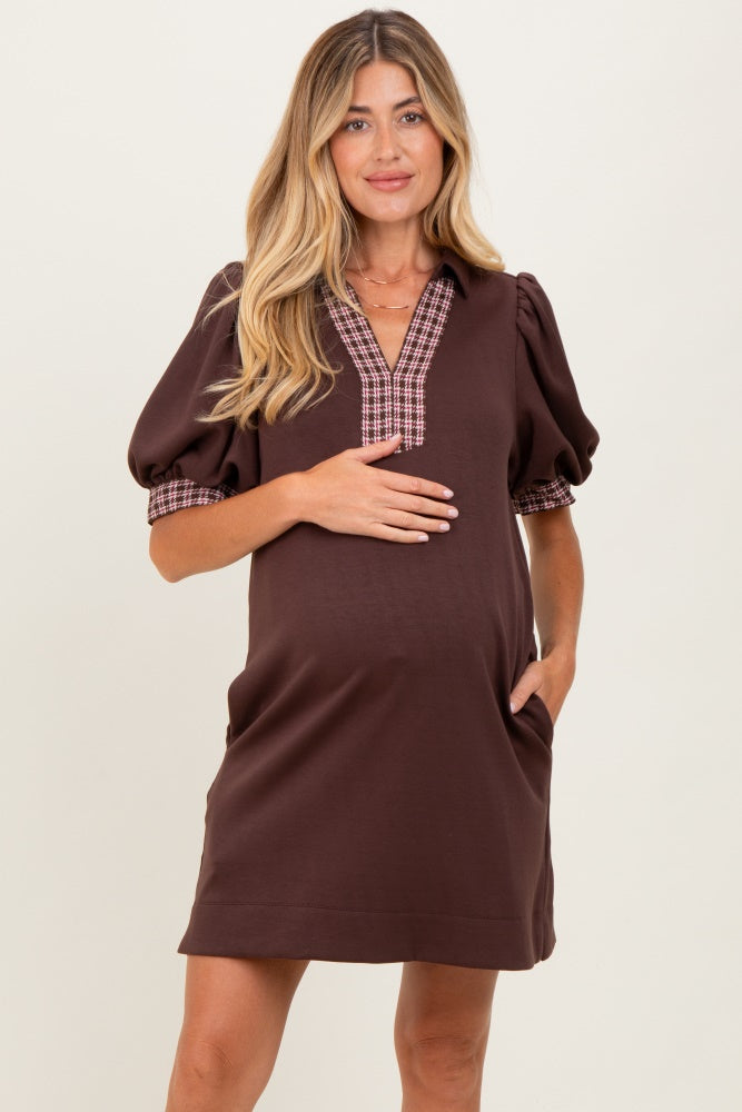 Brown Plaid Accent Puff Sleeve Maternity Mini Dress