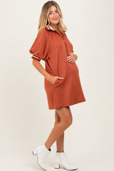 Rust Half Zip Puff Sleeve Maternity Mini Dress