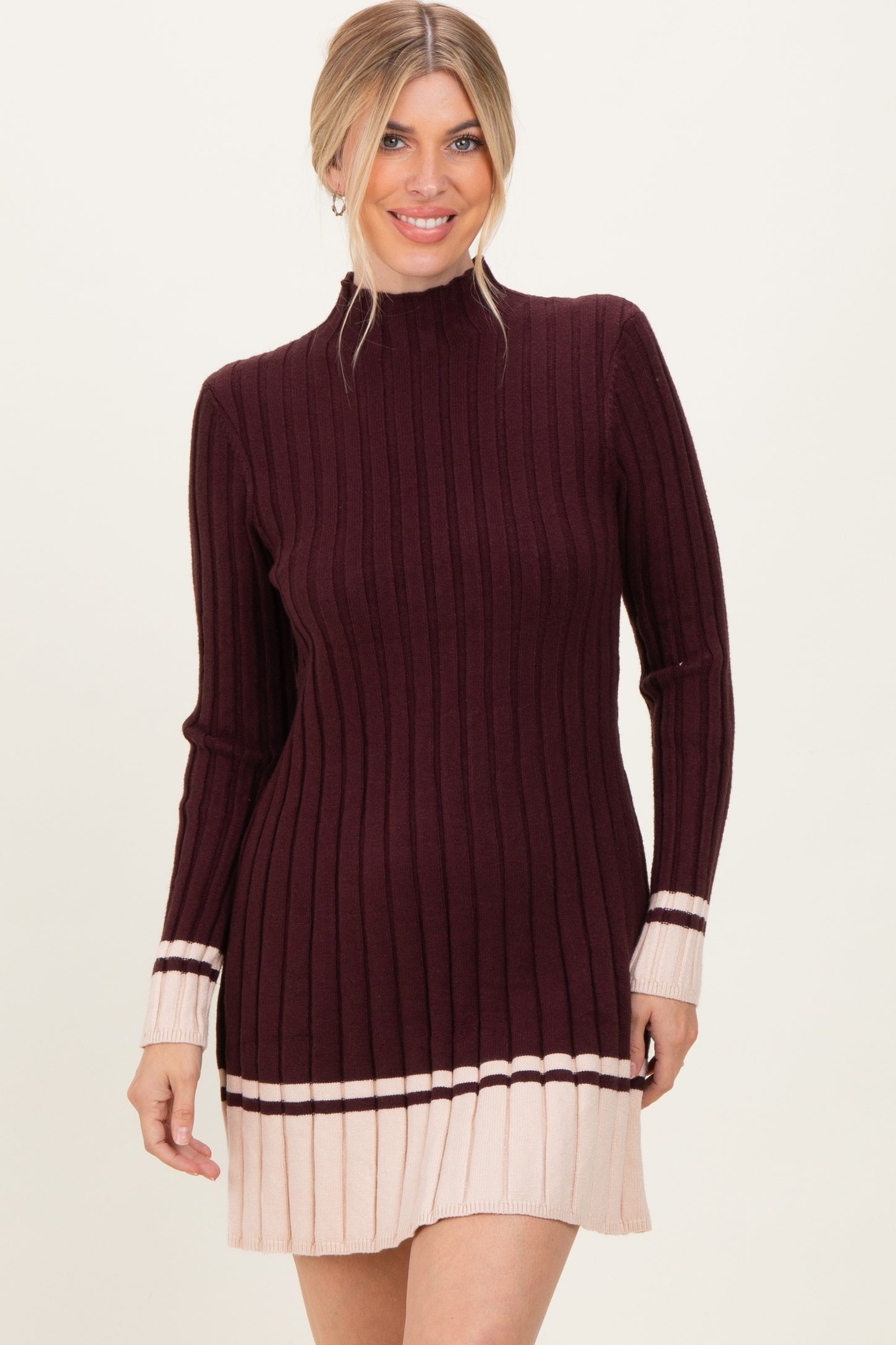 Burgundy Ribbed Contrast Hem Maternity Sweater Dress