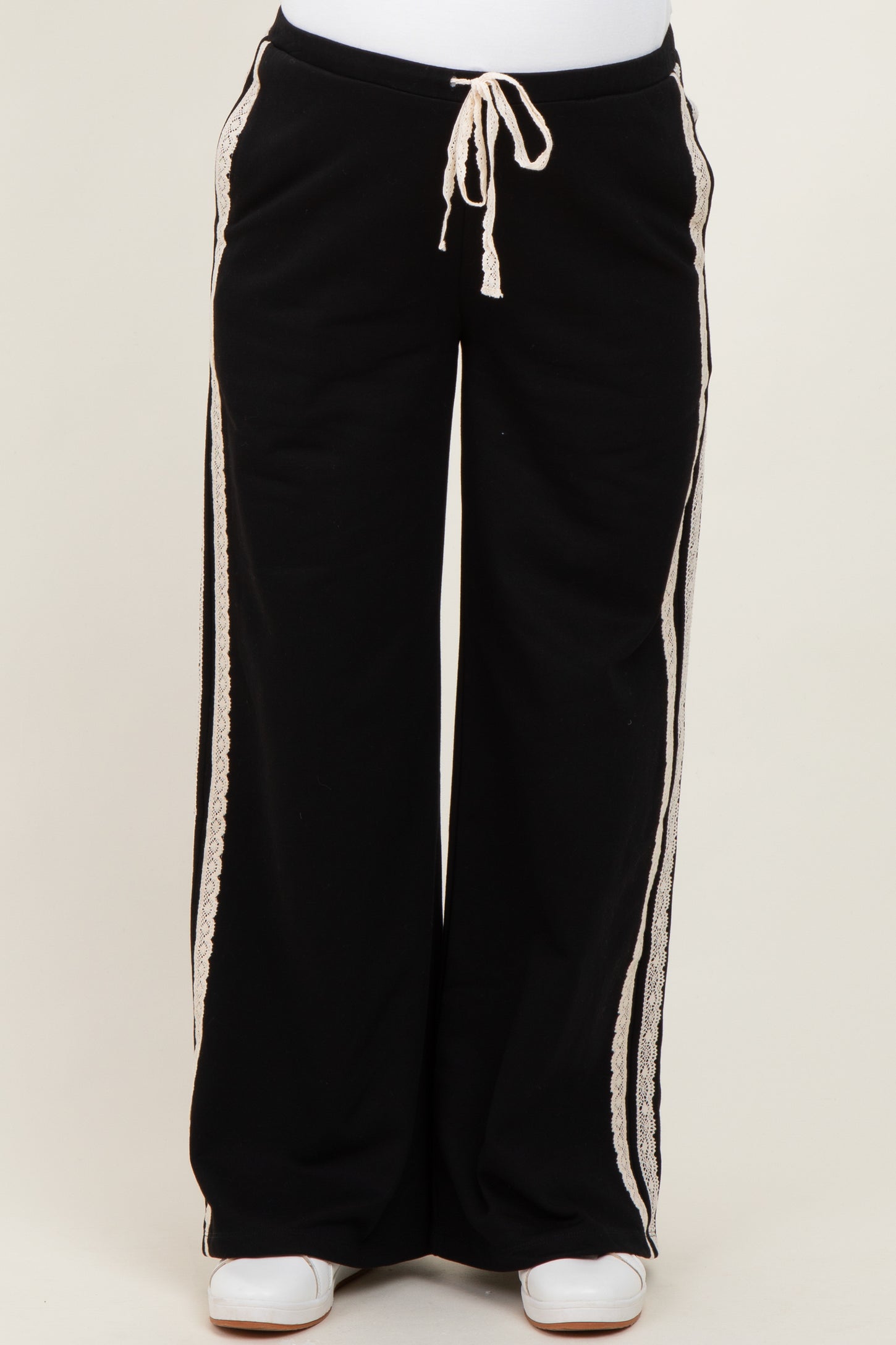 maternity wear black sweatpants with lace side detailing and drawstring waist