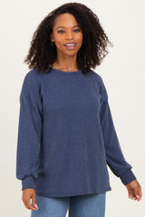 Navy Puff Sleeve Solid Ribbed Maternity Top