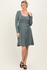 Olive Scoop Neck Long Sleeve Waist Tie Maternity Dress