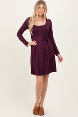 Plum Scoop Neck Long Sleeve Waist Tie Dress