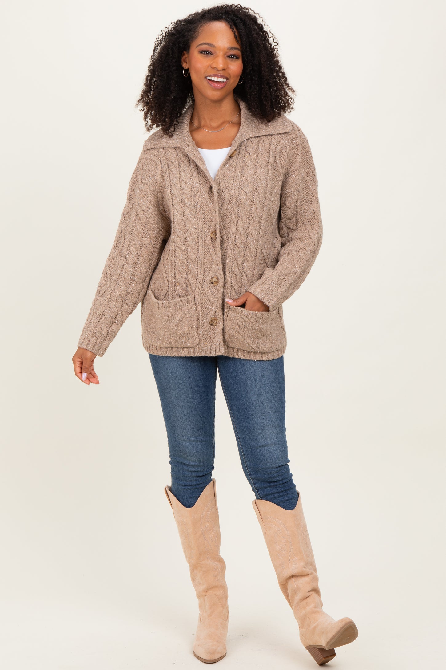 Beige Cable Knit Collared Maternity Button Up Cardigan