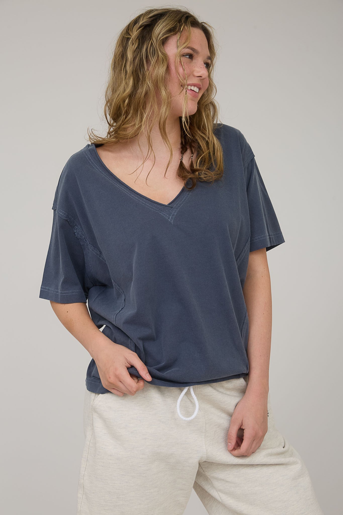 Navy Raw Edge V-Neck Short Sleeve T-Shirt
