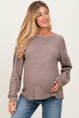 Mocha Puff Sleeve Solid Maternity Sweater Top