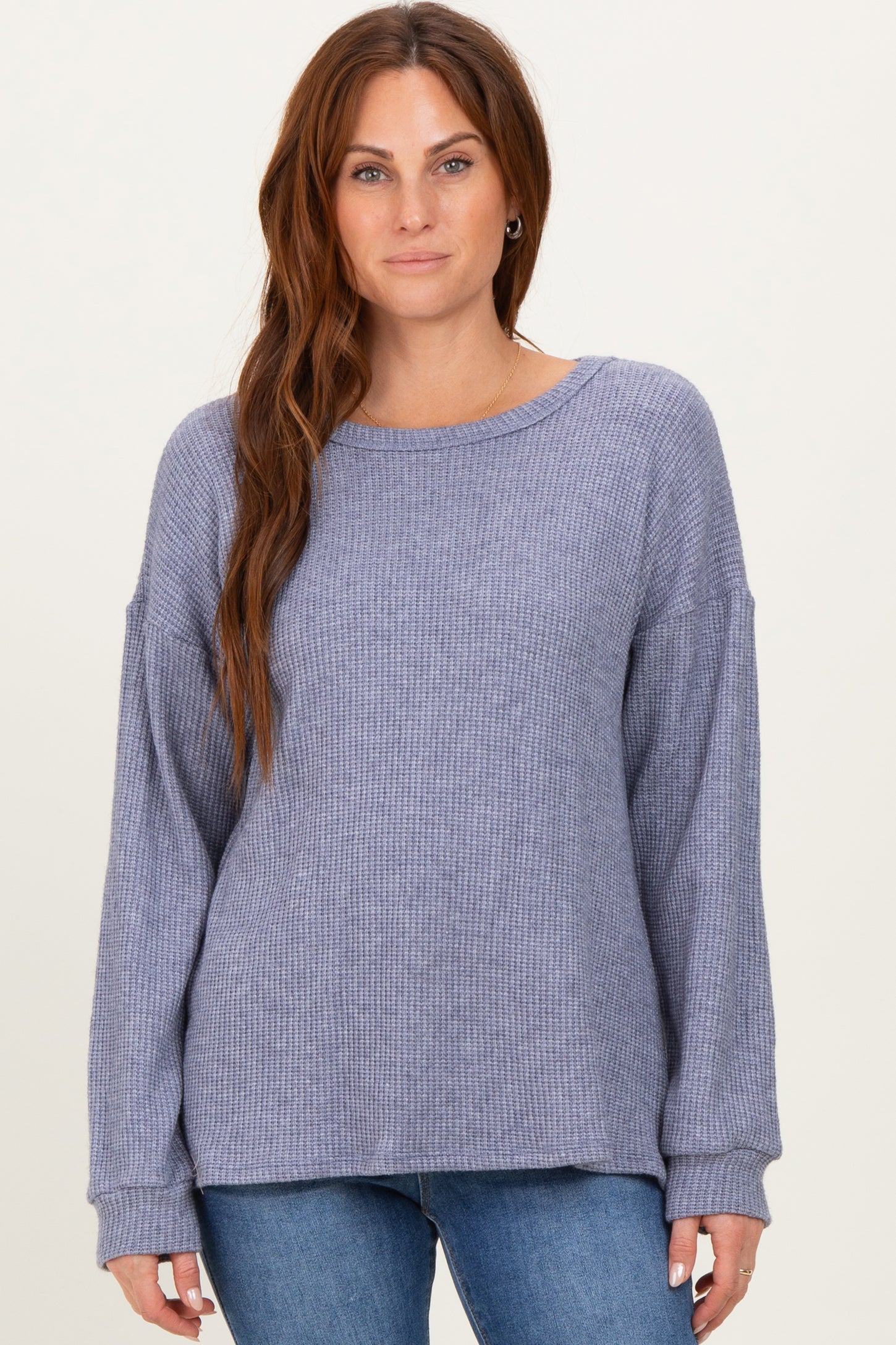 Denim Blue Puff Sleeve Solid Maternity Sweater Top